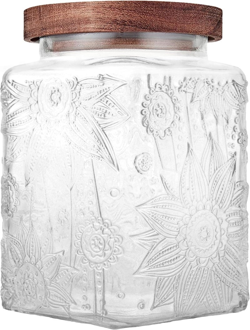 Custde Glass Storage Jars With Airtight Lid, 23.7oz Container For Kitchen Counter with Wood Lid, brown sugar, candy, coffee, cookie, salt, tea, cute Jar (Square Sunflower) - Image 1